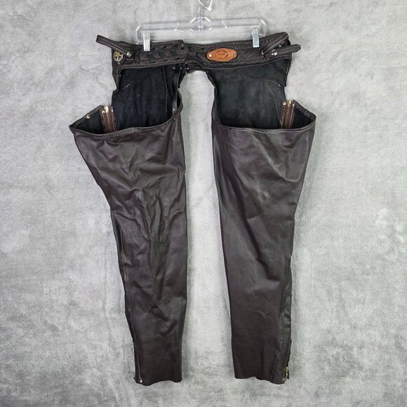 Mens Vintage Brown Leather Chaps With Silver Coin Accents & Zippered Legs Size L - Picture 5 of 13